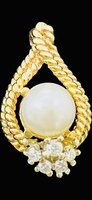  14K YELLOW GOLD TEARDROP PENDANT WITH PEARL LIKE STONE AND DIAMONDS