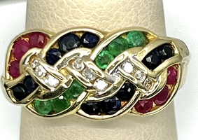 14K YELLOW GOLD WITH WOVEN DESIGN OF RED BLUE AND GREEN STONES SIZE 6