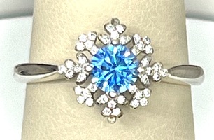  STERLING SILVER SNOWFLAKE RING WITH BLUE STONE AND CZS SIZE 7.5