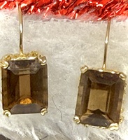  14K YELLOW GOLD DANGLING EARRINGS WITH RECTANGLE BROWN STONES