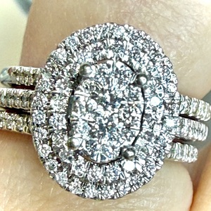  3 PIECE 10K WHITE GOLD ANTIQUE WEDDING SET BEAUTIFUL OVAL CLUSTER SIZE 6